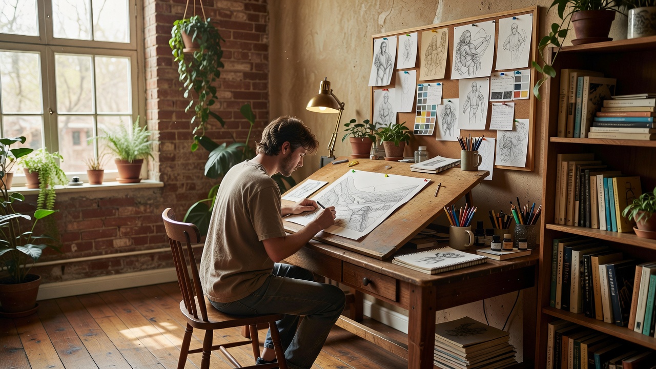 Design concept: illustrator alone at a drafting table in a warm private studio