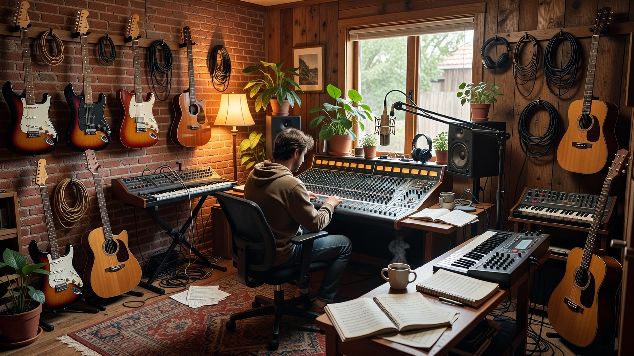 Design concept: musician with guitar and keyboard in a studio room