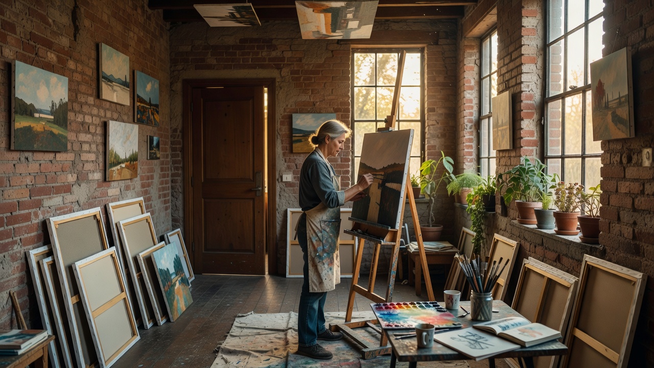 Design concept: painter working at a large canvas near windows