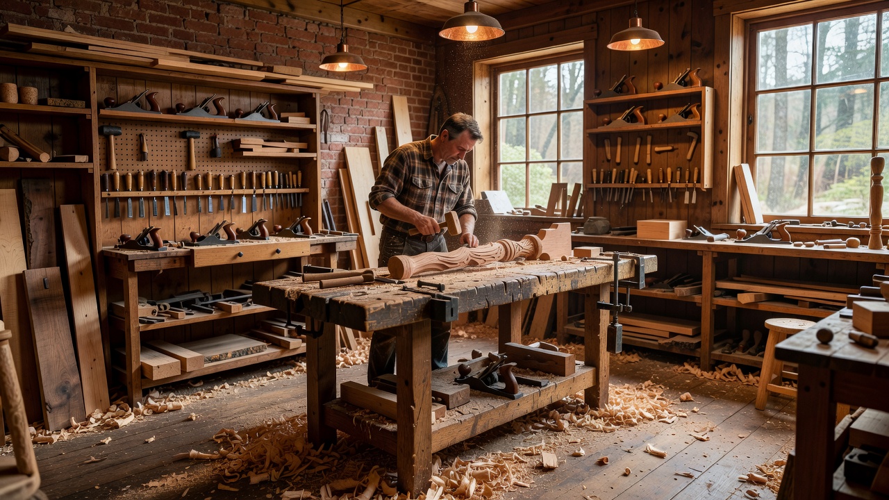Design concept: woodworker alone at a workbench in a warm private woodworking studio
